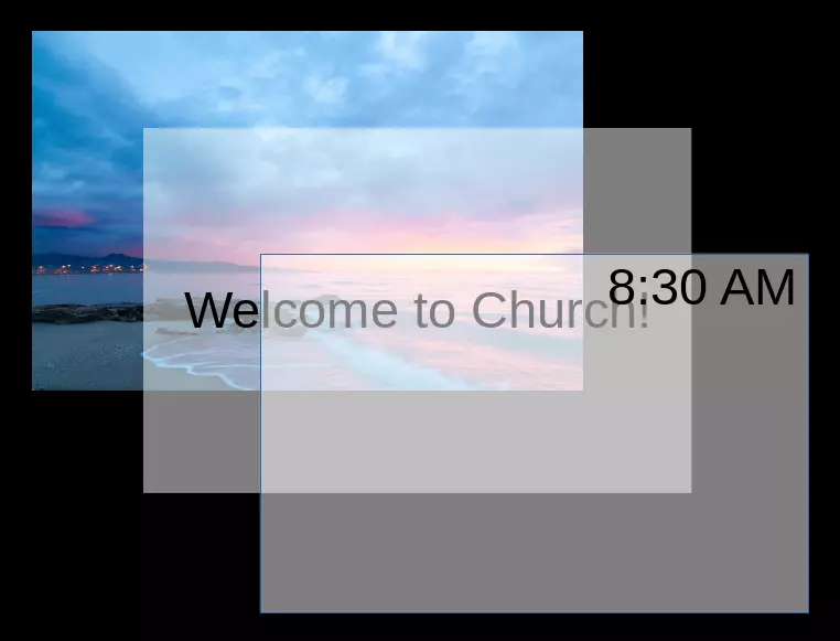 Three layers stacked and skewed diagonally, a background picture with a sunrise over the ocean and over it the text layer that says "Welcome to Church!" and on the top an overlay with a clock that says "8:30AM"