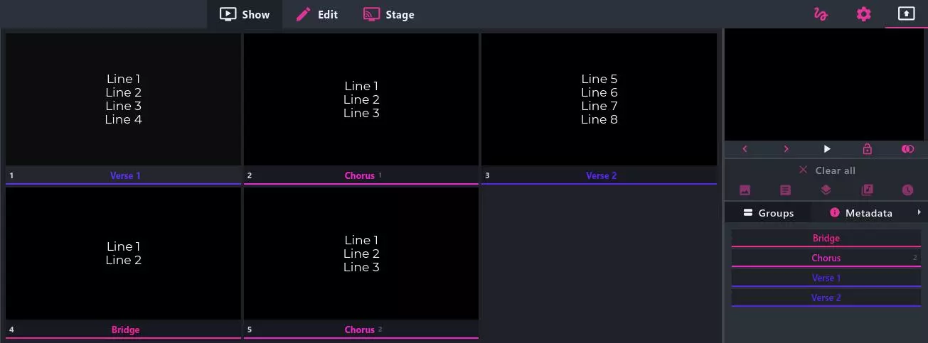 Screenshot of Quick Lyrics example song with two verses, chorus and bridge